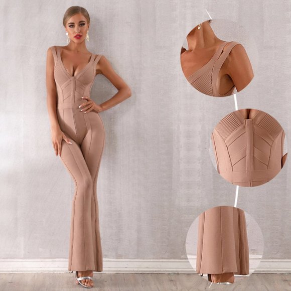 BEIGE BANDAGE JUMPSUIT NUDE PANTSUIT CAMEL JUMPER - Picture 3 of 15